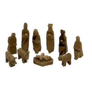 VTG Hand Carved Bethlehem Olive Wood Christmas Holy Nativity Set of 11